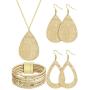 4 Pieces Womens Glitter Jewelry Set Bridal Wedding Multi-Layer Bracelet Faux Leather Dangle Earrings Necklace (Gold)