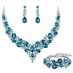 BriLove Wedding Bridal Jewelery for Women Austrian Crystal Teardrop Cluster Statement Necklace Dangle Earrings Link Bracelet Set