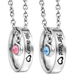 MJartoria Matching Necklaces for Couples, His and Hers Engraved Rhinestone Ring Pendant Set Gifts for Boyfriend Girlfriend