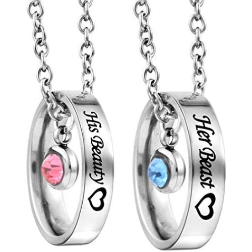 MJartoria Matching Necklaces for Couples, His and Hers Engraved Rhinestone Ring Pendant Set Gifts for Boyfriend Girlfriend