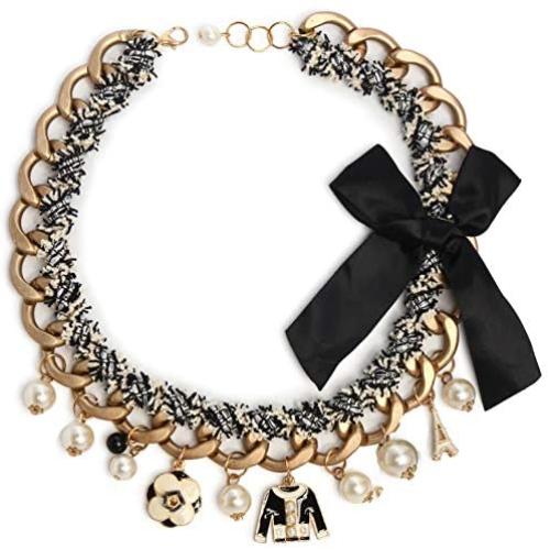 Fashion jewelry imitation pearl and black bowknot celebrity bridal chocker necklace