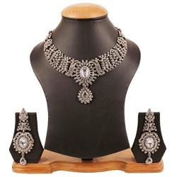 Touchstone Indian Bollywood Intricately Crafted Diamond Look Rhinestone Crystal Colorful Wedding Designer Jewelry Necklace Set in Gold and Silver Tone for Women.