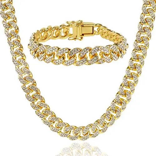 LUOWAN Cuban Link Chain for Men Iced Out Chains Gold Plated Diamond Chain Cuban Necklace Bracelet Set LUOWAN Cuban Link Chain for Men Iced Out Chains Gold Plated Diamond Chain Cuban Necklace Bracelet Set