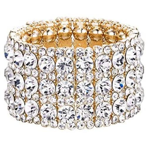 EVER FAITH Womens Round Shaped Austrian Crystal Wedding 3 Layers Luxury Elastic Stretch Bracelet