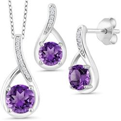 Gem Stone King 1.74 Ct Round Purple Amethyst 925 Sterling Silver Pendant Earrings Set