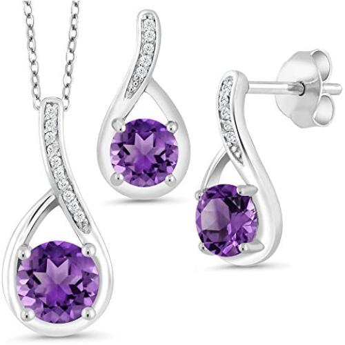 Gem Stone King 1.74 Ct Round Purple Amethyst 925 Sterling Silver Pendant Earrings Set