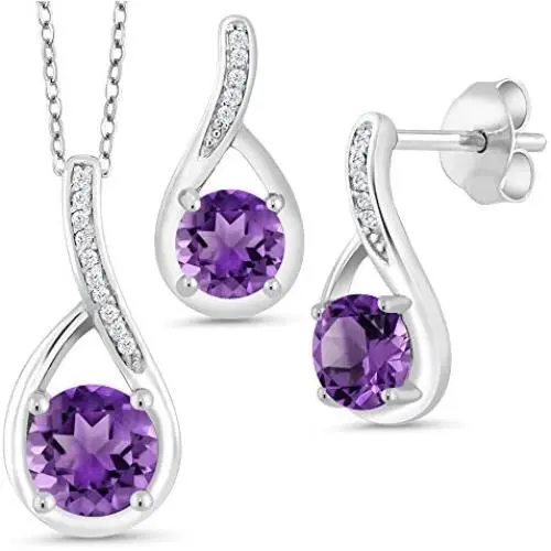 Gem Stone King 1.74 Ct Round Purple Amethyst 925 Sterling Silver Pendant Earrings Set Gem Stone King 1.74 Ct Round Purple Amethyst 925 Sterling Silver Pendant Earrings Set