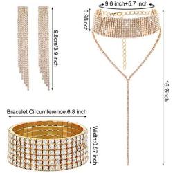 Yaomiao 2 Sets Women Rhinestone Crystal Jewelry Set Glitter Rhinestone Stretch Bracelet Necklace Dangle Fringe Earrings
