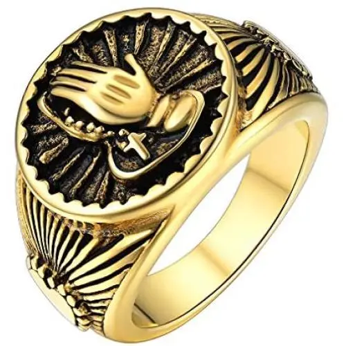 FaithHeart Egypt Eye of Horus Symbol Ring Punk Retro Biker Rings, Gold Plated/Stainless Steel Prayer Hands Ring for Men Size 7,8,9,10,11,12 Customize Available (Send Gift Box), Protection Signet Rings