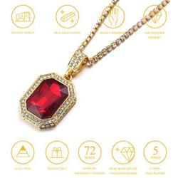 Halukakah Gold Chain for Men Iced Out,18k Real Gold Plated Ruby Pendant Necklace,Full Cz Lab Diamonds Prong Set,with Rope Chain 24''/Tennis Chain 20'',Free Giftbox