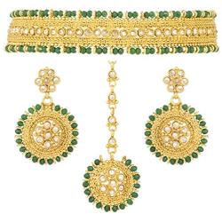 Aheli Indian Wedding Wear Polki Stone Beaded Choker Necklace with Maang Tikka Set Ethnic Fashion Jewelry for Women