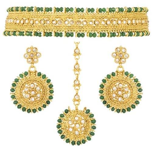Aheli Indian Wedding Wear Polki Stone Beaded Choker Necklace with Maang Tikka Set Ethnic Fashion Jewelry for Women