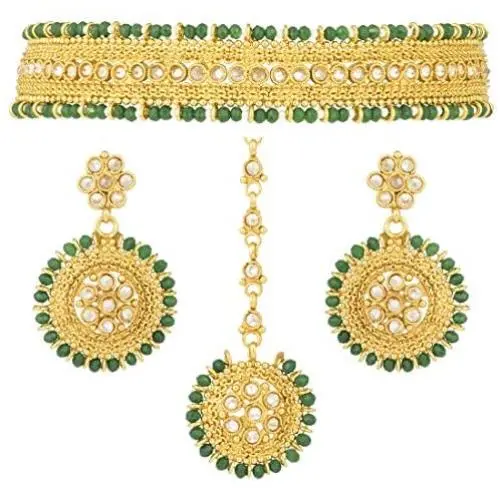 Aheli Indian Wedding Wear Polki Stone Beaded Choker Necklace with Maang Tikka Set Ethnic Fashion Jewelry for Women