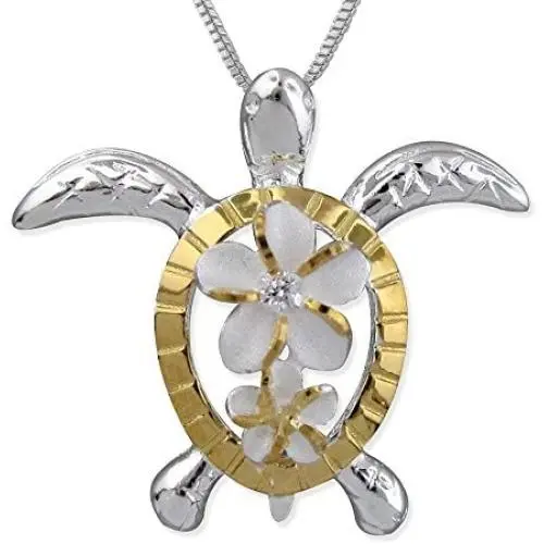 Sterling Silver Turtle Plumeria Pendant Necklace, 16+2'' Extender Sterling Silver Turtle Plumeria Pendant Necklace, 16+2'' Extender