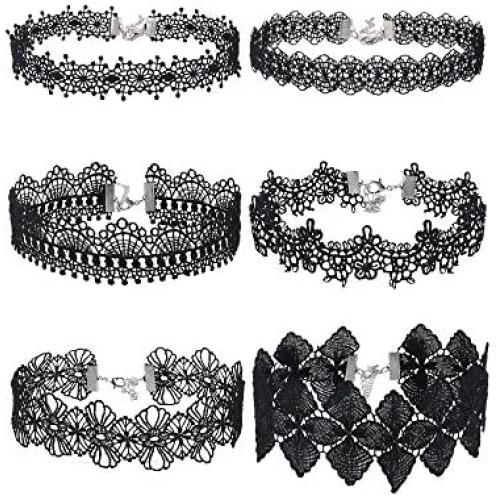 Mudder Choker Necklace Black Choker Lace Choker Gothic Necklace for Women Girls, Black, 6 Pieces