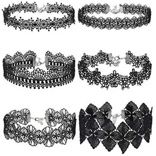 Mudder Choker Necklace Black Choker Lace Choker Gothic Necklace for Women Girls, Black, 6 Pieces Mudder Choker Necklace Black Choker Lace Choker Gothic Necklace for Women Girls, Black, 6 Pieces