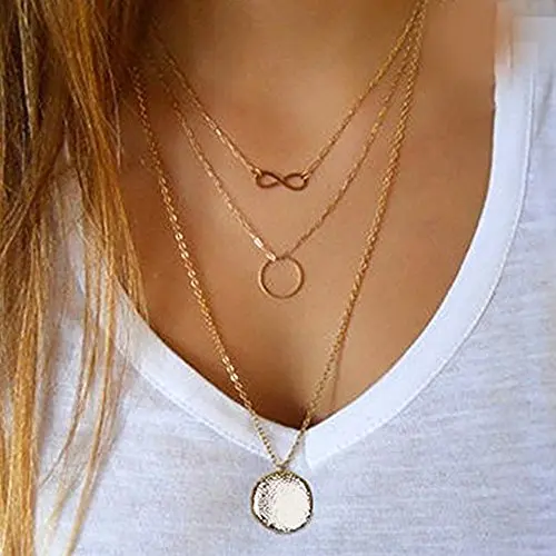 FXmimior 3 Tier Vintage Coin Lucky 8 Eight Ring Pendant Circle Choker Layered Bar Party Wedding Necklace Jewelry For Women