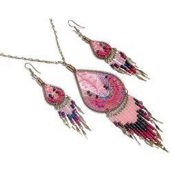 Large Beaded Teardrop Thread Long Beaded Dangle Silver Chain Necklace and Earrings Jewelry Set