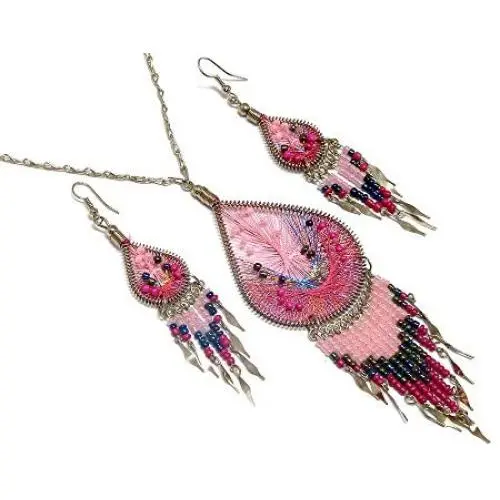 Large Beaded Teardrop Thread Long Beaded Dangle Silver Chain Necklace and Earrings Jewelry Set Large Beaded Teardrop Thread Long Beaded Dangle Silver Chain Necklace and Earrings Jewelry Set