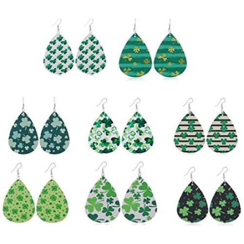 8 Pairs St. Patricks Day Faux Leather Dangle Earrings Set Green Clover Teardrop Dangle Earrings Lightweight Saint Patricks Day Festival Decor Earring Jewelry Gift for Women Girls