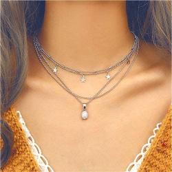 Cathercing Multilayer Lucky Star White Translucent Gemstone Choker Necklace for Women and Girls Vintage Fashion Simple Charm Unique Handmade Jewelry Accessories