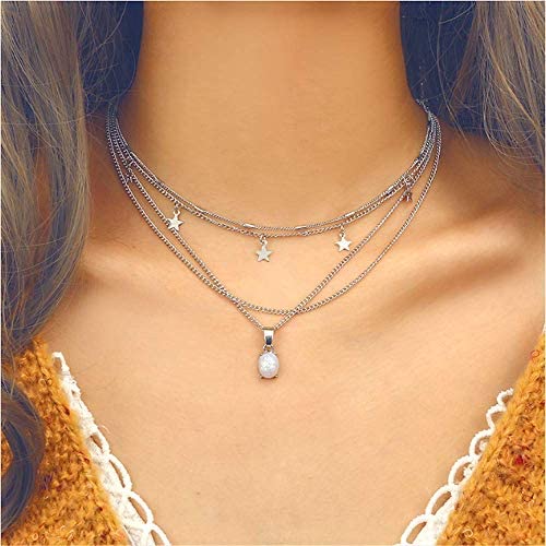 Cathercing Multilayer Lucky Star White Translucent Gemstone Choker Necklace for Women and Girls Vintage Fashion Simple Charm Unique Handmade Jewelry Accessories