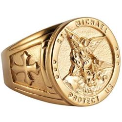 HZMAN St. Michael San Miguel The Great Protector Archangel Defeating Satan Figurine Stainless Steel Amulet Ring