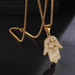 Lee Island Fashion 24K Gold Plated Simmulated Diamond CZ Fully Star of David Beads Fatima Hamsa Hand Egyptian Protection Pendant Stainless Steel Necklace, 24 Inch Chain Jewelry
