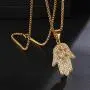 Lee Island Fashion 24K Gold Plated Simmulated Diamond CZ Fully Star of David Beads Fatima Hamsa Hand Egyptian Protection Pendant Stainless Steel Necklace, 24 Inch Chain Jewelry