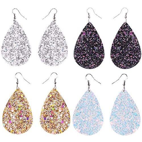 KaFu 4 Pairs Faux Leather Bohemia Earrings for Women Declaration Handmade Lightweight Petal Teardrop Dangle Leather Earring set,suitable for ladies and girls