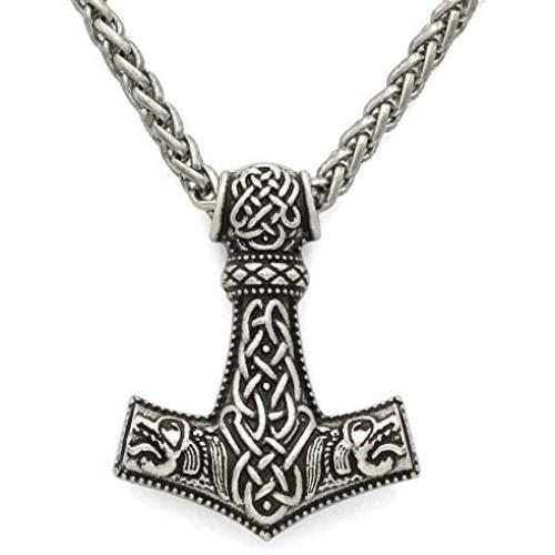 GuoShuang Men Norse God Viking Odin Wolf Thors Mjolnir Pendant Necklace with Valknut Gift Bag