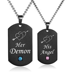 SunnyHouse Jewelry His & Hers Matching Set Titanium Stainless Steel His Angel Her Demon Couple Pendant Necklace in a Gift Box