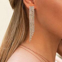 Unicra Long Rhinestone Fringe Earrings Silver Bridal Tassel Dangle Earrings Large Bling Crystal Chandelier Drop Earrings Wedding Party Jewelry for Women and Girls (Gold)