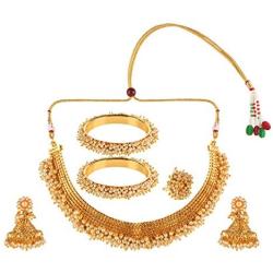 Efulgenz Indian Bollywood 14 K Gold Plated Faux Pearl Bead Bridal Choker Necklace Earrings Bracelet Bangles Ring Jewelry Set