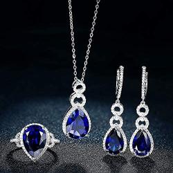 ATTA GEMS 925 Sterling Silver Pear Shape Birthstone Necklace Dangle Earring and Ring Jewelry Set Gifts for Women Girls Bridal