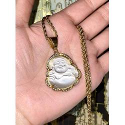 Shop-iGold Laughing Buddha White Jade Iced Diamond Pendant Gold P Rope Chain Necklace14k Genuine Certified Grade A Jadeite Jade Hand Crafted, Natural Green Obsidian Healing Mala Statue Prayer Buddha