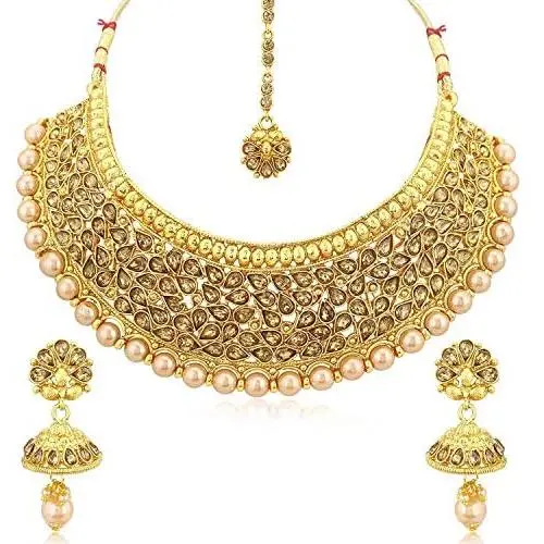 Crunchy Fashion Bollywood Style Gold Tone Traditional Indian Jewelry Necklace Set with Earrings Crunchy Fashion Bollywood Style Gold Tone Traditional Indian Jewelry Necklace Set with Earrings