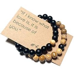 Hippie Love Couples Bracelets, Long Distance Relationship Gifts, Jasper and Black Onyx Stone, His Hers Beaded Friendship Bracelet, 2 Piece Set for Men Women Best Friends