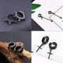 5 Pairs Black Stainless Steel Non-Piercing Spike Rivet Cross Dangle Tassel Clip on Hoop Earrings Set for Women Men Boy Girl, Non Pierced Fake Ear Clip Magnetic Stud Earrings