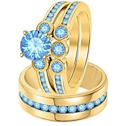 Gold & Diamonds Jewellery Beautiful 3-Stone Round Cut Blue Topaz 14k Yellow Gold Over .925 Sterling Silver Wedding Ring Trio Set for Women & Mens