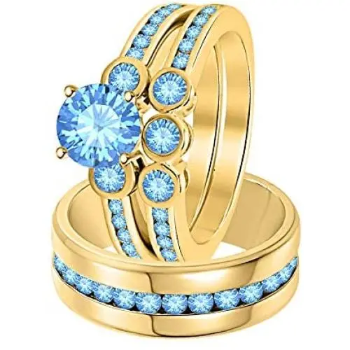 Gold & Diamonds Jewellery Beautiful 3-Stone Round Cut Blue Topaz 14k Yellow Gold Over .925 Sterling Silver Wedding Ring Trio Set for Women & Mens Gold & Diamonds Jewellery Beautiful 3-Stone Round Cut Blue Topaz 14k Yellow Gold Over .925 Sterling Silver Wedding Ring Trio Set for Women & Mens