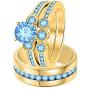 Gold & Diamonds Jewellery Beautiful 3-Stone Round Cut Blue Topaz 14k Yellow Gold Over .925 Sterling Silver Wedding Ring Trio Set for Women & Mens