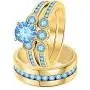 Gold & Diamonds Jewellery Beautiful 3-Stone Round Cut Blue Topaz 14k Yellow Gold Over .925 Sterling Silver Wedding Ring Trio Set for Women & Mens Gold & Diamonds Jewellery Beautiful 3-Stone Round Cut Blue Topaz 14k Yellow Gold Over .925 Sterling Silver Wedding Ring Trio Set for Women & Mens
