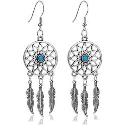 KaFu Woman Retro Silver BOHO Style Metal Dangle Drop Earrings Dream Catcher Statement Feather Dangle Tassels Turquoise Earrings for Women Girls