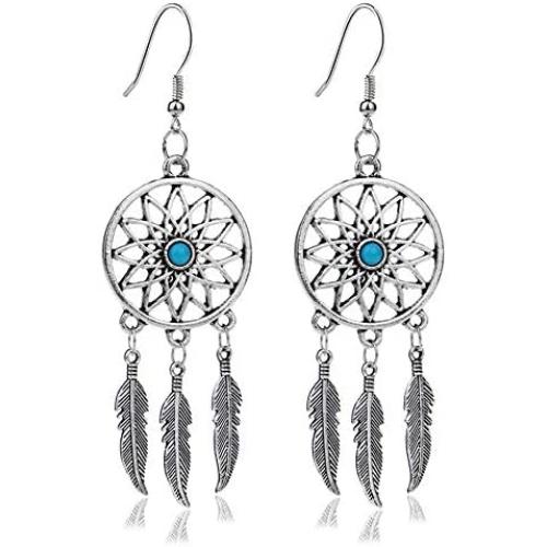 KaFu Woman Retro Silver BOHO Style Metal Dangle Drop Earrings Dream Catcher Statement Feather Dangle Tassels Turquoise Earrings for Women Girls