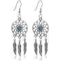 KaFu Woman Retro Silver BOHO Style Metal Dangle Drop Earrings Dream Catcher Statement Feather Dangle Tassels Turquoise Earrings for Women Girls