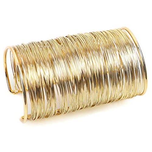 QTMY Alloy Metal Gold Thin Thread Wire Open Cuff Wide Bracelet Bangle