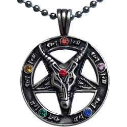 Inverted Pentagram Pentacle Star Church Of Satan Jewelry Sigil of Baphomet Devil Laveyan Lucifer Sabbtic Satanic Red Orange Purple Blue Green Yellow Infinity Stone Color Crystal Pewter Mens Pendant Necklace Charm Amulet Medallion with Silver Ball Chain fo