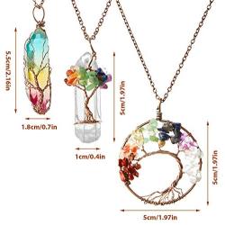 Hicarer 3 Pieces Tree Life Pendant Tree Life Quartz Crystal Pendant Necklace Chakra Gemstone Copper Wire Wrap Necklace