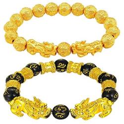 yfstyle 2 Pcs Feng Shui Black Obsidian Wealth Bracelet Elastic Gold Good Luck Bracelet 10mm/ 12mm Pi Xiu/ Pi Yao Beaded Bracelets for Women Men Jewelry Gifts